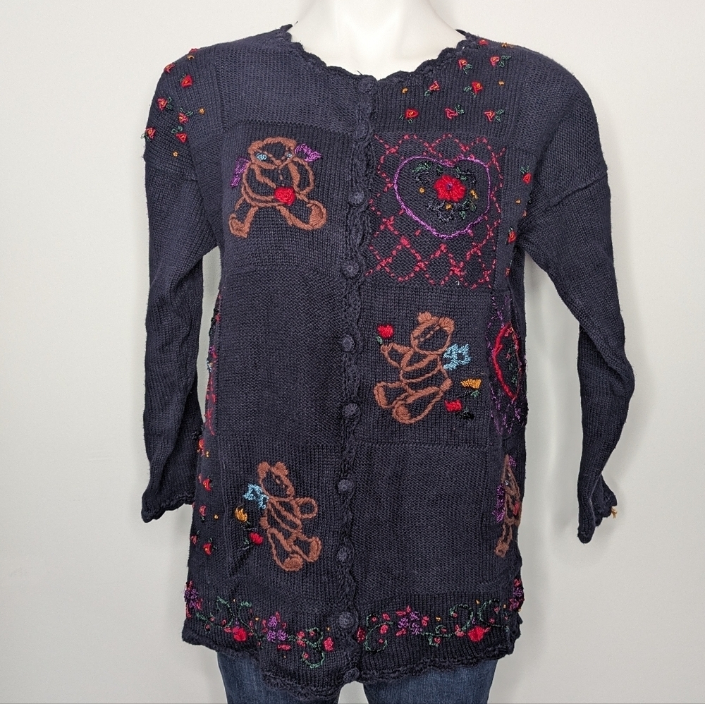 Vintage Jenny Black Red Teddy Bear Heart Novelty Cardigan Sweater L